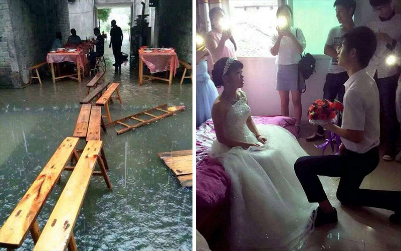           這對新人在結婚時「碰上一場暴雨」淹沒了道路，但仍堅持婚禮「照常舉行」．．．看到他們吃宴席的照片我簡直要落淚了！！  -               