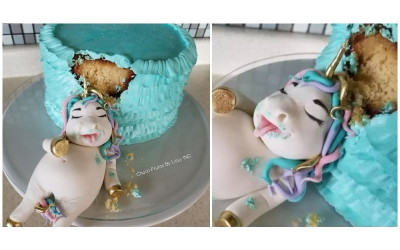 訂做獨角獸蛋糕卻送來一隻「超胖獨角獸」！仔細一看「蛋糕被偷吃一口」超有創意