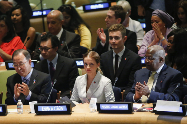 NEW YORK, NY - SEPTEMBER 20:  UN Women Goodwill Ambassador Emma Watson (C ) attends the HeForShe campaign launch at the United Nations on September 20, 2014 in New York, New York. (Photo by Eduardo Munoz Alvarez/Getty Images)